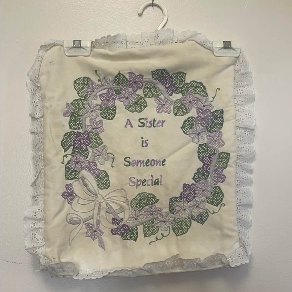 Embroidered Throw Pillow Cover with Purple and Green Floral Design